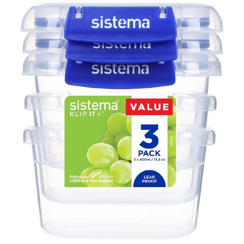 Sistema Klip It Plus Rectangle Container 3 Pack Assorted 400ml