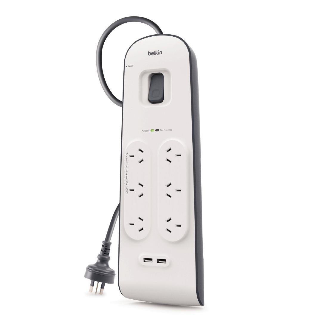 Belkin 6 Way Surge Protector With Dual 2.4A USB Ports & Cord White